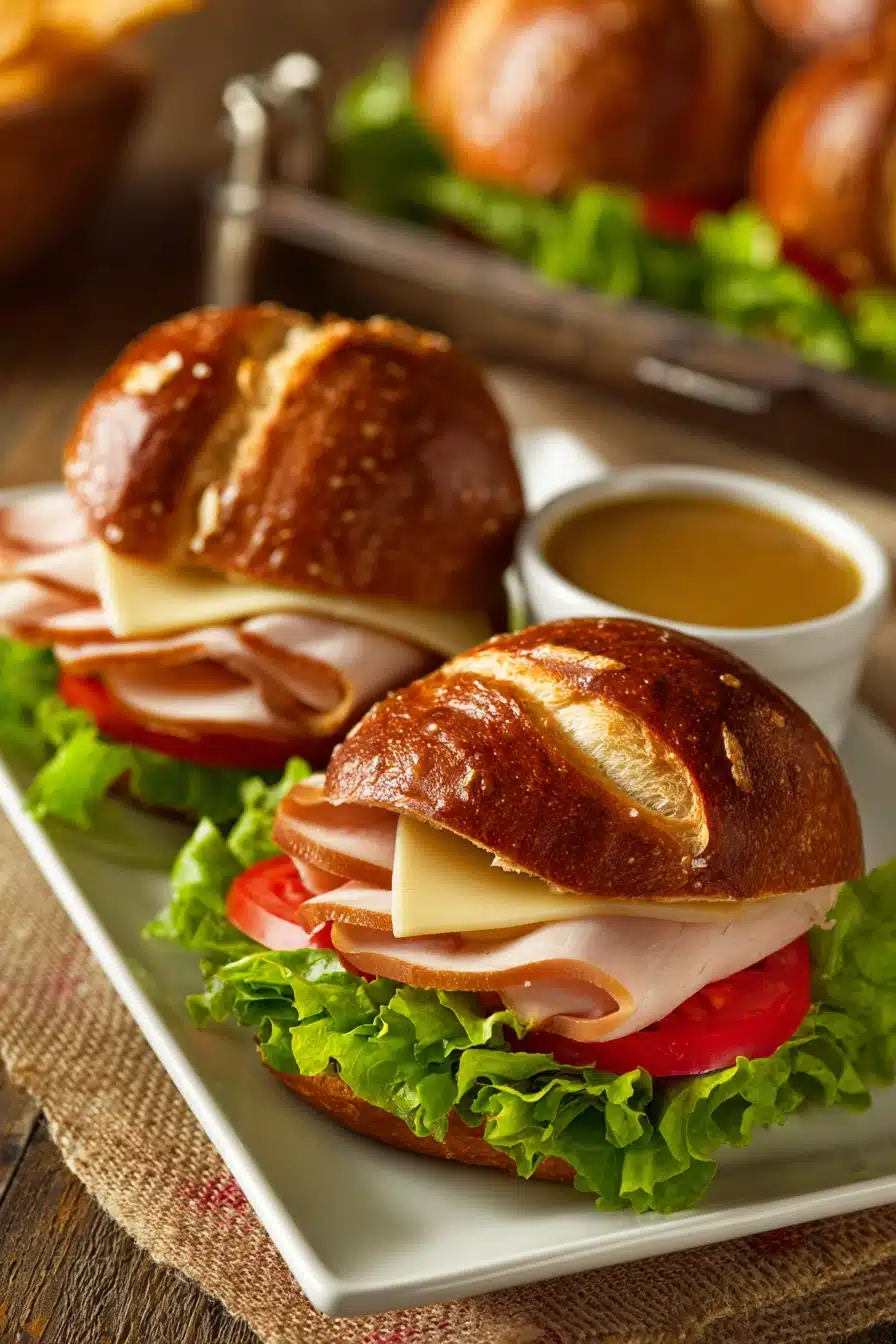 Close-up of two pretzel sandwiches on a white rectangular plate, showing soft pretzel rolls with sliced turkey breast, Swiss cheese, lettuce, and tomato, with a small ramekin of honey mustard sauce on a rustic wooden surface.