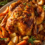 Close-up of a whole roasted chicken with crispy golden-brown skin on a white oval platter surrounded by roasted carrots, potatoes, onions, and fresh rosemary and thyme sprigs in warm natural lighting