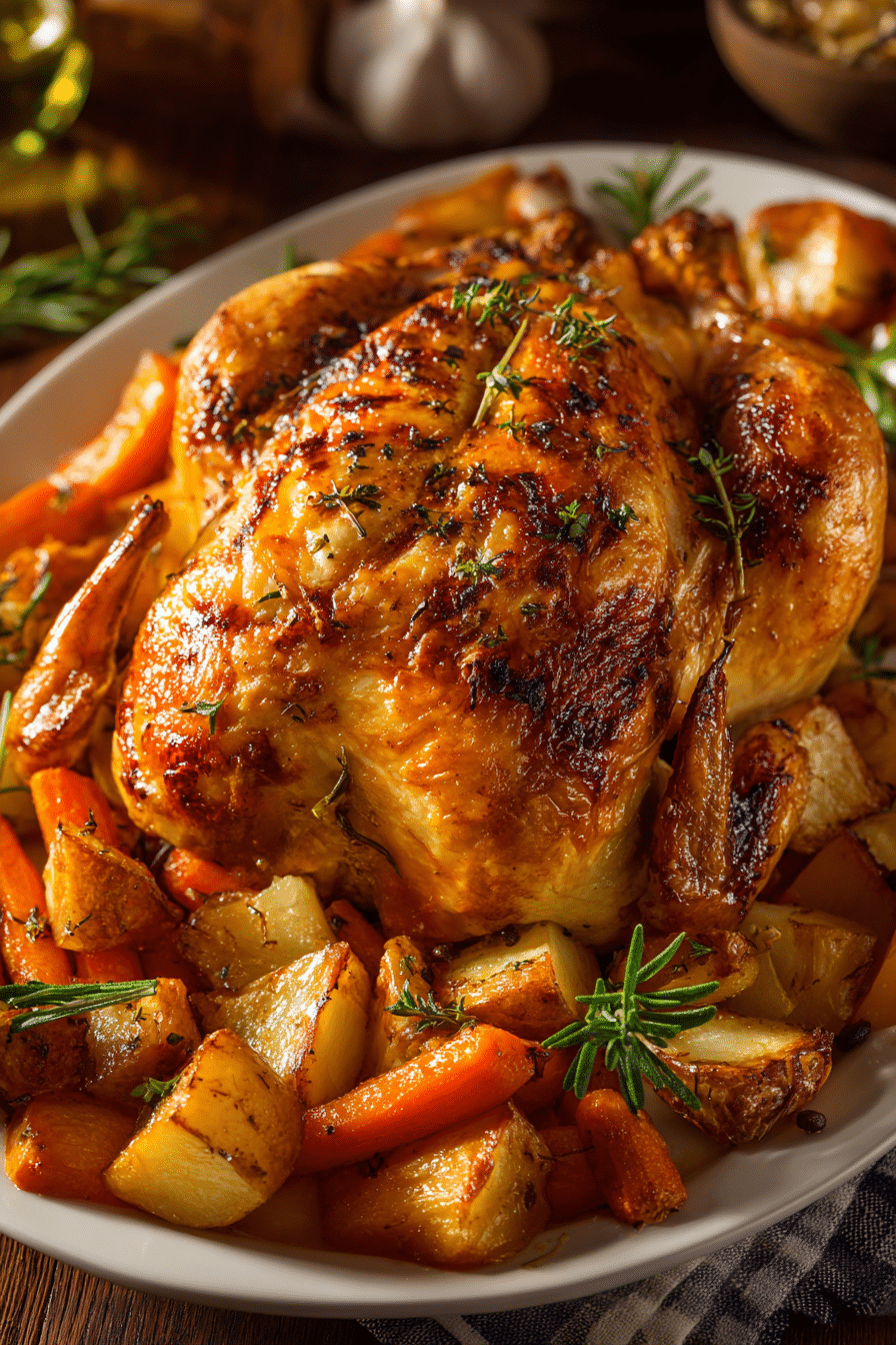 Close-up of a whole roasted chicken with crispy golden-brown skin on a white oval platter surrounded by roasted carrots, potatoes, onions, and fresh rosemary and thyme sprigs in warm natural lighting