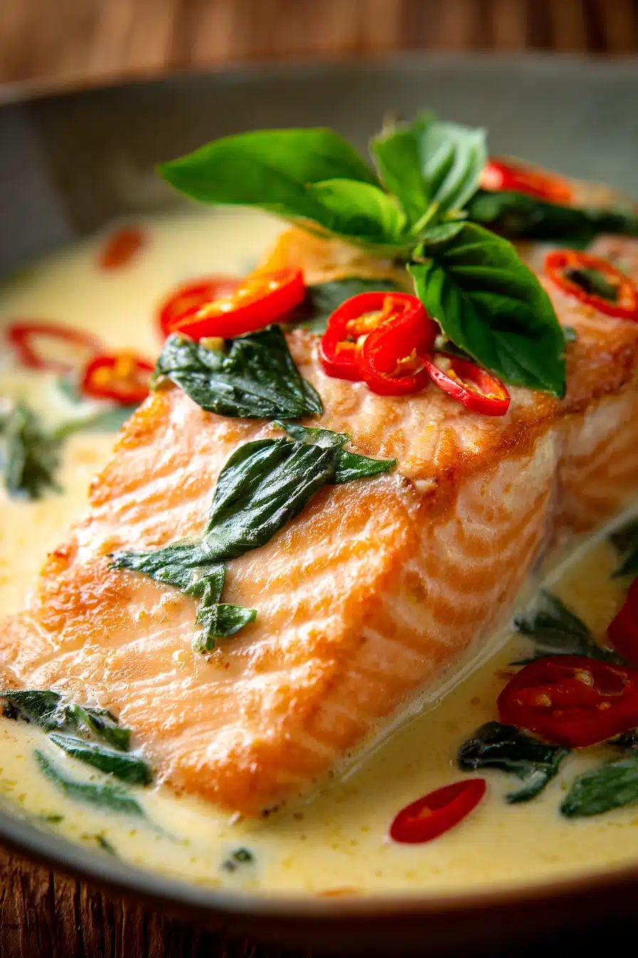 Close-up of tender salmon fillet in creamy Thai red coconut curry sauce, garnished with fresh Thai basil leaves and sliced red chili on rustic wooden surface