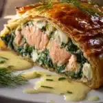 Close-up of a slice of salmon wellington with golden puff pastry crust, tender salmon inside, creamy spinach filling, drizzled with dill mustard sauce and garnished with fresh dill on a white plate