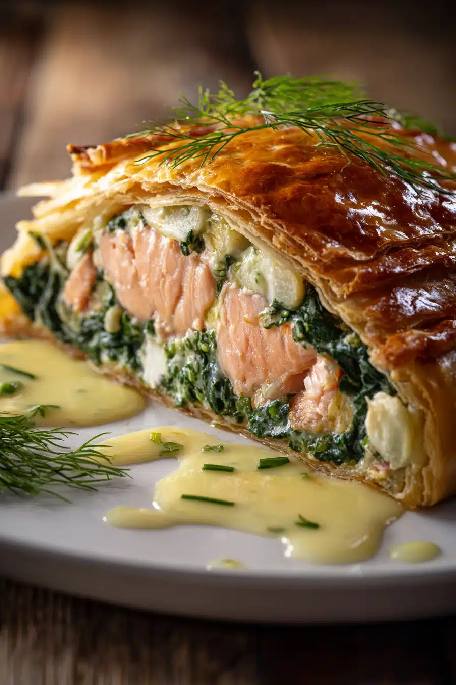 Close-up of a slice of salmon wellington with golden puff pastry crust, tender salmon inside, creamy spinach filling, drizzled with dill mustard sauce and garnished with fresh dill on a white plate