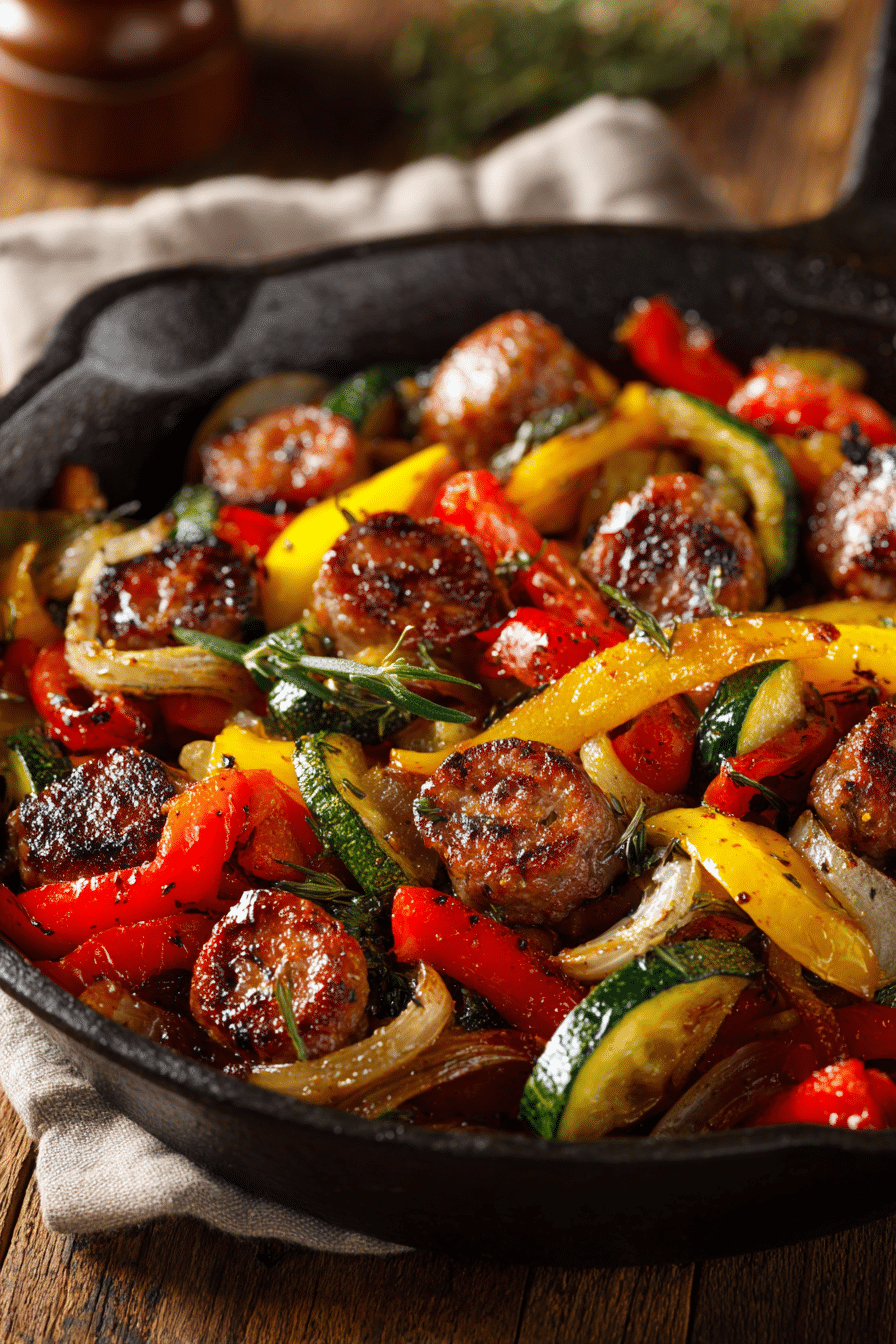 Close-up of a rustic cast iron skillet with browned sausage, roasted bell peppers, zucchini, and onions in warm natural light on a wooden surface
