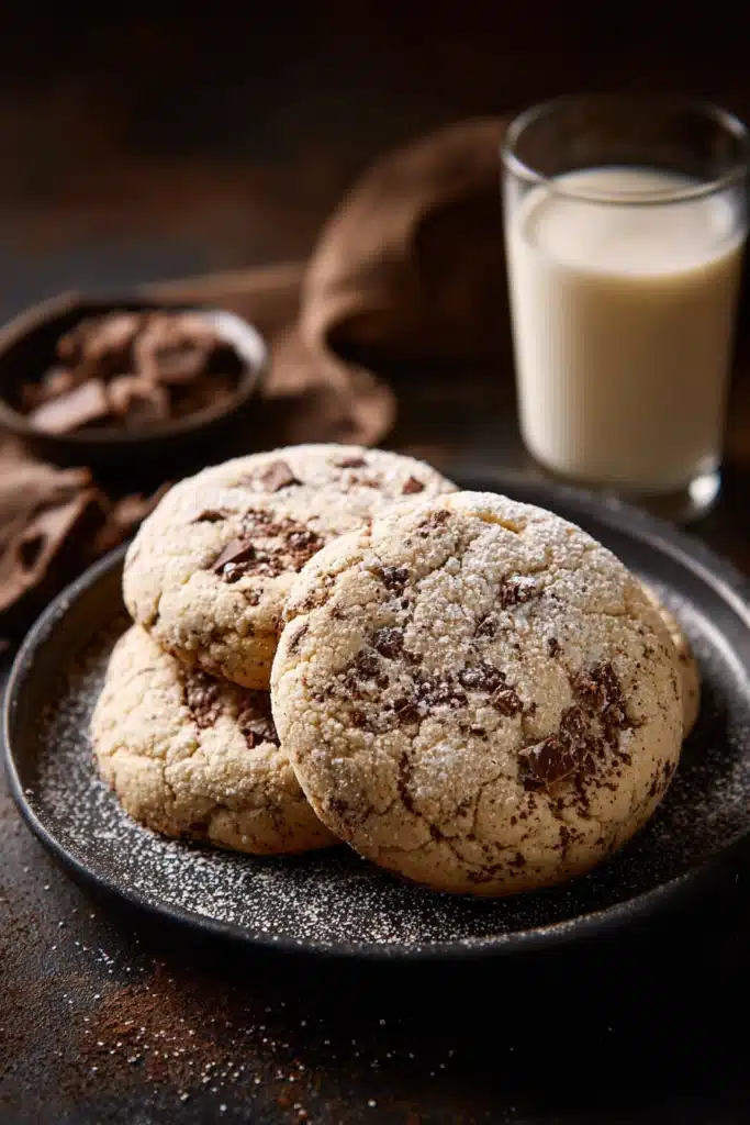 Close-up of three soft and chewy shadow milk cookies stacked on a matte black plate, dusted with milk powder, next to a small glass of cold milk, with warm natural light highlighting the dark chocolate chunks and creamy tones.