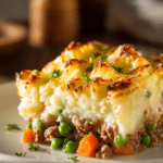 Close-up of rustic shepherd’s pie with golden mashed potato crust and savory ground lamb filling with peas and carrots on a white plate