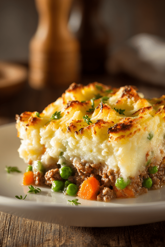 Close-up of rustic shepherd’s pie with golden mashed potato crust and savory ground lamb filling with peas and carrots on a white plate