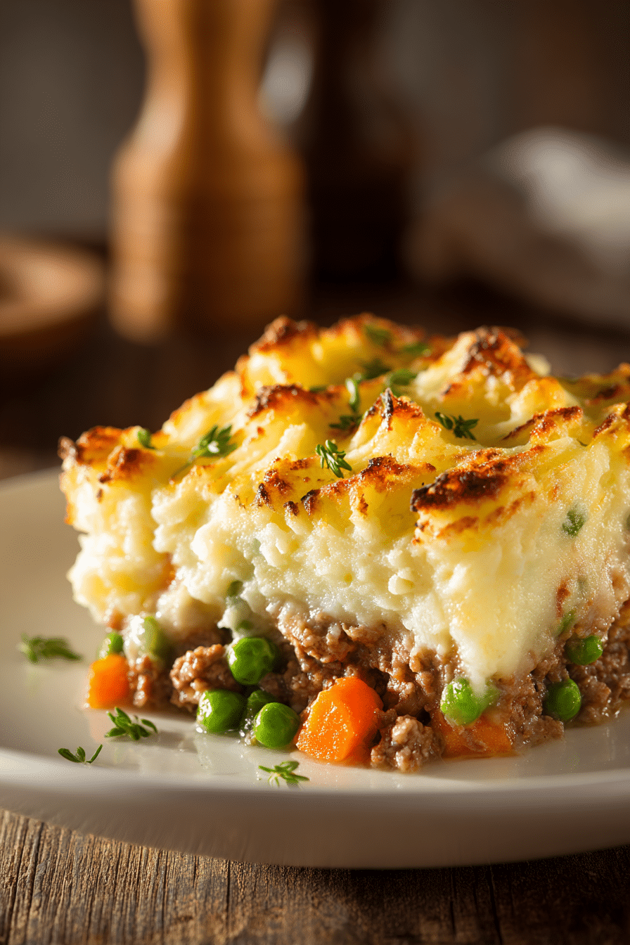 Close-up of rustic shepherd’s pie with golden mashed potato crust and savory ground lamb filling with peas and carrots on a white plate