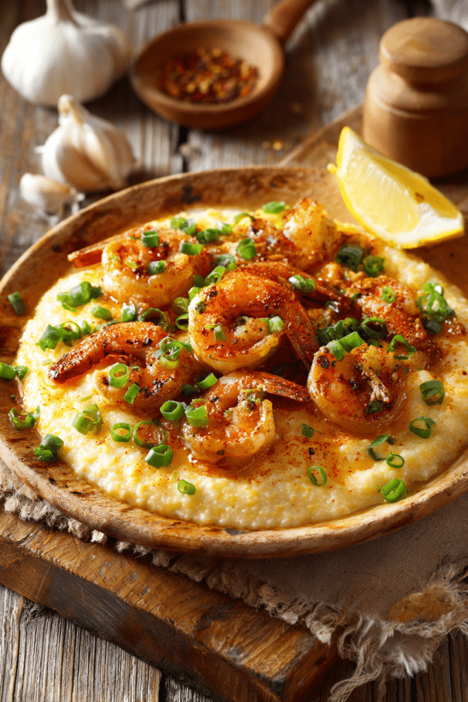Close-up of creamy cheddar cheese grits topped with tender sautéed shrimp coated in Cajun butter sauce, garnished with chopped green onions and a lemon wedge on a rustic plate