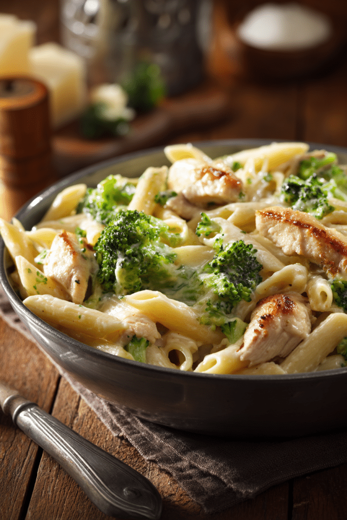 Close-up of skinny chicken broccoli alfredo pasta with creamy sauce on rustic wooden table in warm light