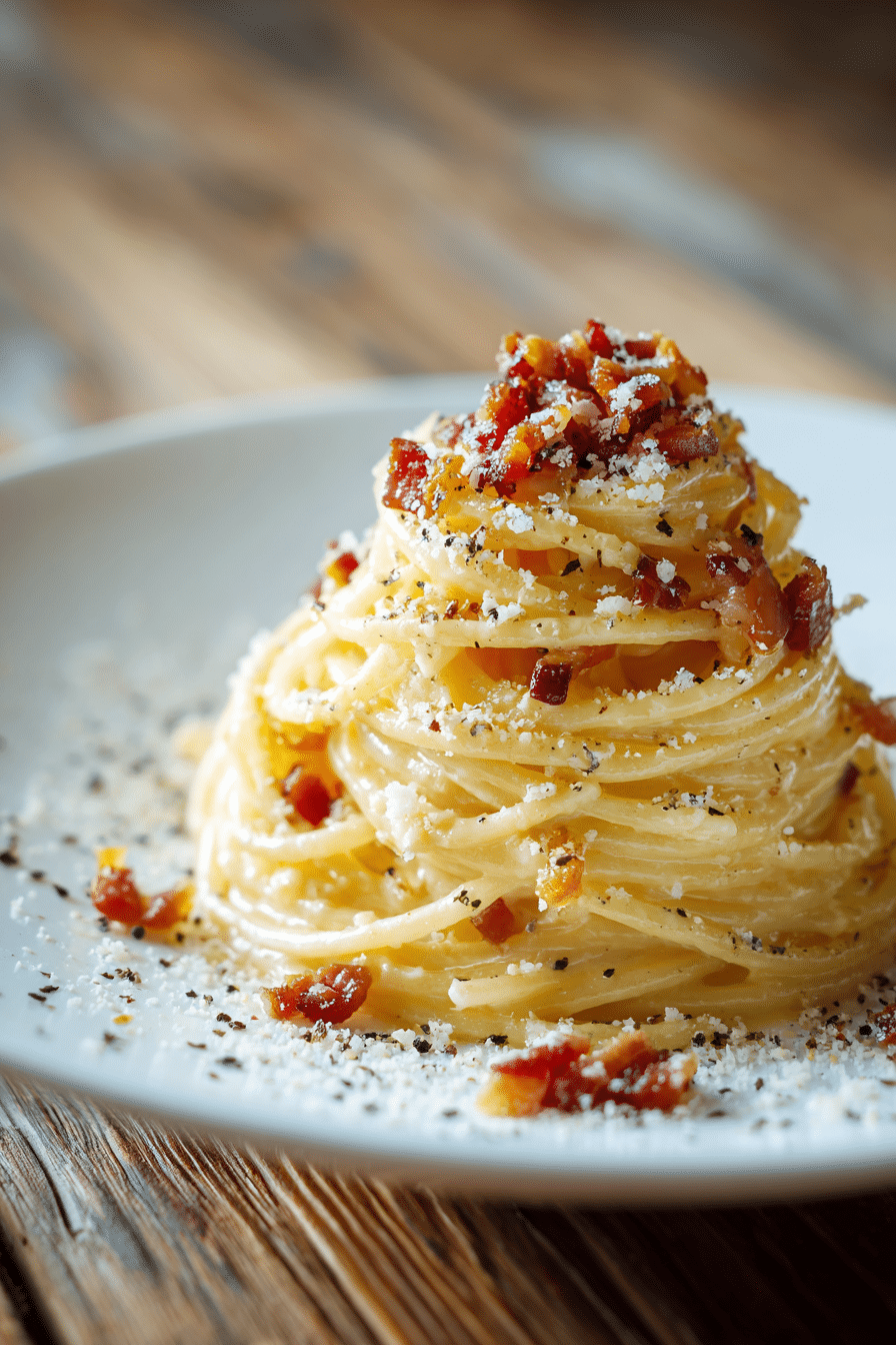 Close-up of spaghetti carbonara twirled into a neat mound on a shallow white plate with creamy Parmesan sauce, crispy golden pancetta bits, and specks of black pepper on a rustic wooden surface