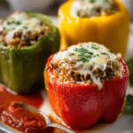 Close-up of three colorful stuffed bell peppers standing upright on a white plate, filled with ground beef, rice, and tomato sauce, topped with melted mozzarella cheese, with a spoonful of tomato sauce drizzled around, showcasing warm natural lighting and vibrant colors.