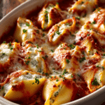 Close-up of baked stuffed jumbo pasta shells filled with creamy ricotta cheese, topped with melted mozzarella and sprinkled with chopped parsley, served in a white oval ceramic dish with marinara sauce visible between shells