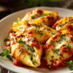 Close-up of baked jumbo pasta shells stuffed with creamy ricotta cheese, topped with melted mozzarella and parmesan, covered in red marinara sauce and sprinkled with chopped fresh parsley on a white ceramic plate.