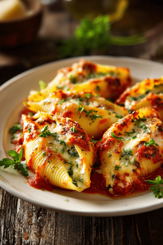 Close-up of baked jumbo pasta shells stuffed with creamy ricotta cheese, topped with melted mozzarella and parmesan, covered in red marinara sauce and sprinkled with chopped fresh parsley on a white ceramic plate.