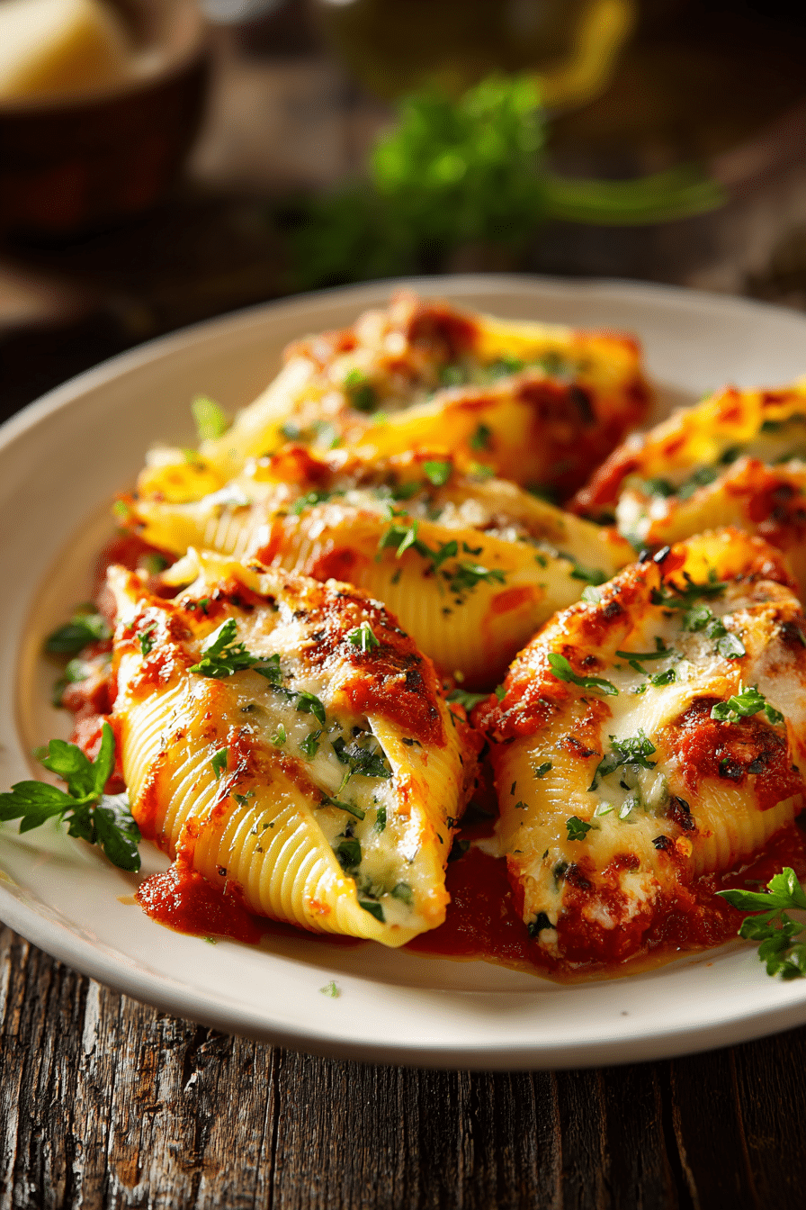 Close-up of baked jumbo pasta shells stuffed with creamy ricotta cheese, topped with melted mozzarella and parmesan, covered in red marinara sauce and sprinkled with chopped fresh parsley on a white ceramic plate.