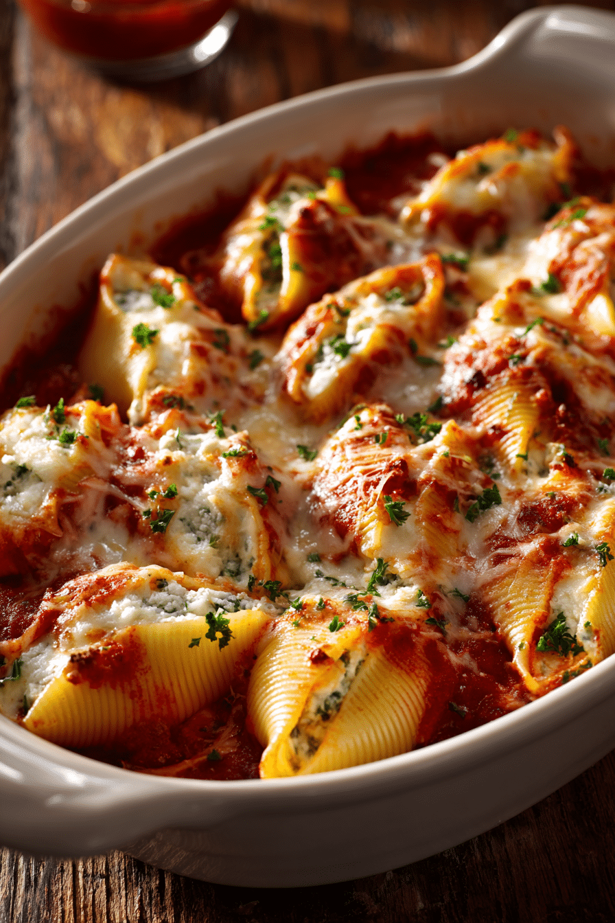 Close-up of baked stuffed jumbo pasta shells filled with creamy ricotta cheese, topped with melted mozzarella and sprinkled with chopped parsley, served in a white oval ceramic dish with marinara sauce visible between shells