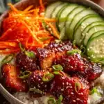Close-up of a layered bowl with pan-seared chicken thighs in sticky gochujang sauce on white rice, accompanied by julienned carrots, sliced cucumber, green onions, and sprinkled sesame seeds on a rustic wooden surface