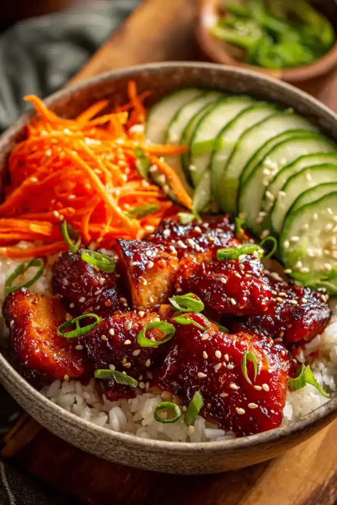 Close-up of a layered bowl with pan-seared chicken thighs in sticky gochujang sauce on white rice, accompanied by julienned carrots, sliced cucumber, green onions, and sprinkled sesame seeds on a rustic wooden surface