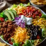 Close-up of a colorful layered taco salad with sautéed ground beef, romaine lettuce, cherry tomatoes, black beans, corn, cheddar cheese, olives, red onion, avocado slices, tortilla chips, sour cream, and salsa in a rustic bowl