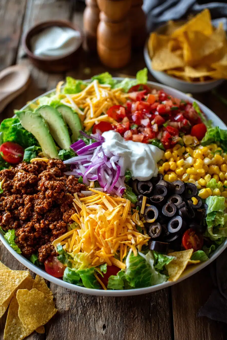 Close-up of a colorful layered taco salad with sautéed ground beef, romaine lettuce, cherry tomatoes, black beans, corn, cheddar cheese, olives, red onion, avocado slices, tortilla chips, sour cream, and salsa in a rustic bowl
