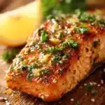 Close-up of grilled salmon fillet with crispy golden brown crust, topped with fresh parsley and served with lemon wedge on rustic wooden surface