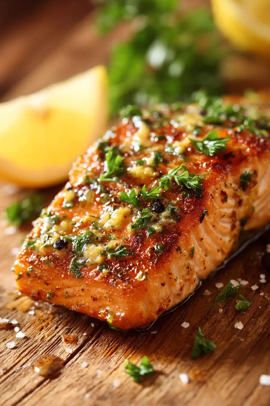 Close-up of grilled salmon fillet with crispy golden brown crust, topped with fresh parsley and served with lemon wedge on rustic wooden surface