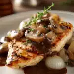 Close-up of tender grilled chicken breast smothered with sautéed mushrooms and onions in smooth brown gravy on a white plate, rustic warm lighting