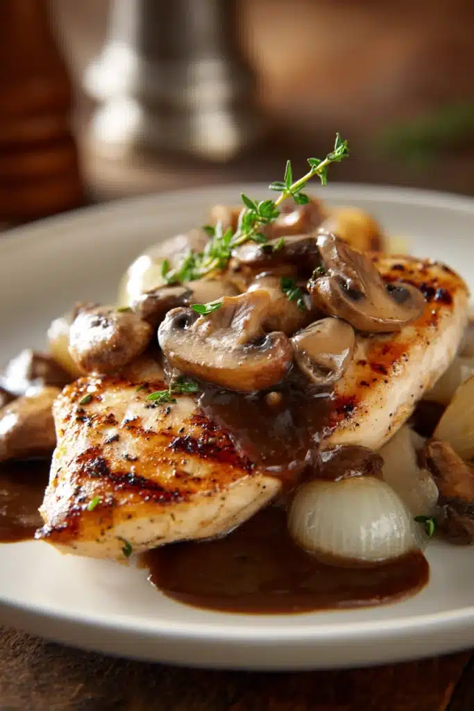 Close-up of tender grilled chicken breast smothered with sautéed mushrooms and onions in smooth brown gravy on a white plate, rustic warm lighting