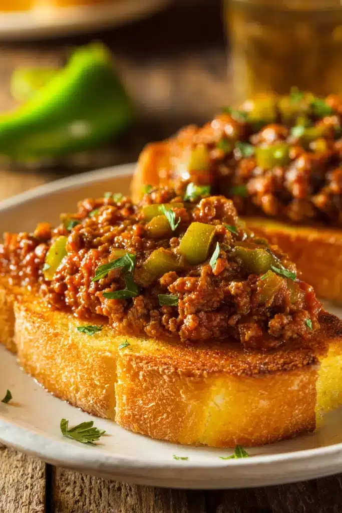Close-up of open-faced Texas Toast Sloppy Joes with saucy ground beef and green bell pepper over toasted golden Texas toast on a white plate with rustic background