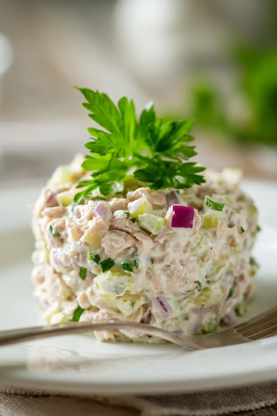 Close-up of a creamy classic tuna salad with finely chopped celery and red onion, neatly scooped on a white plate with a parsley sprig on top, showcasing off-white tuna and pale yellow mayonnaise in warm natural light.