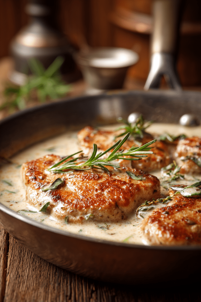 Close-up of tender turkey cutlets covered in creamy white wine sauce on a rustic wooden table with warm natural light