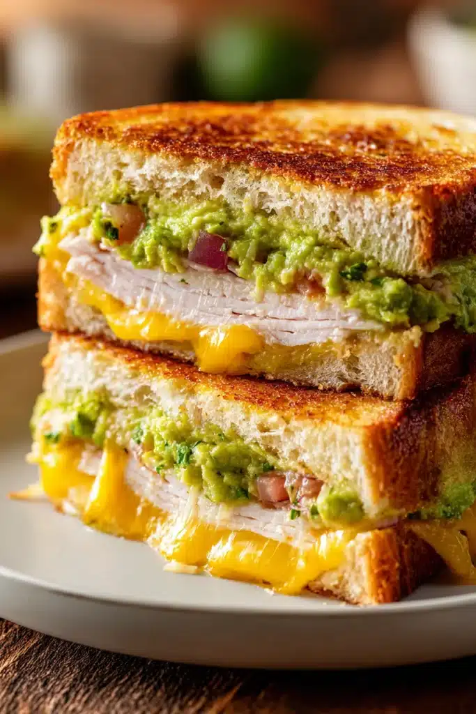 Close-up of a turkey guacamole grilled cheese sandwich cut diagonally, showing crispy toasted sourdough bread, bright green guacamole, melted cheddar cheese, and tender sliced turkey on a white plate