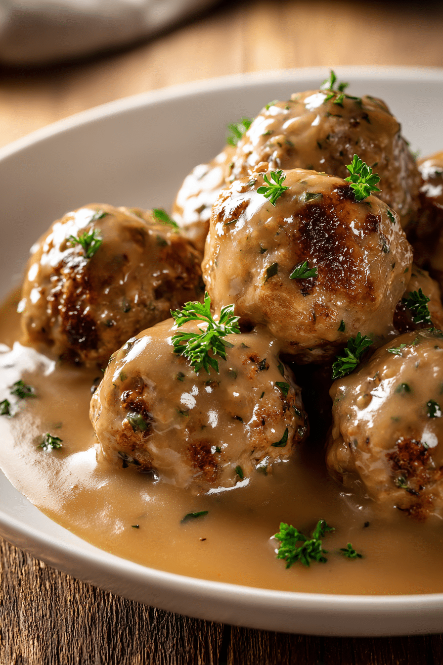 Close-up of tender ground turkey meatballs with visible herbs, covered in smooth thick brown gravy, served on a shallow white round plate with warm rustic background.