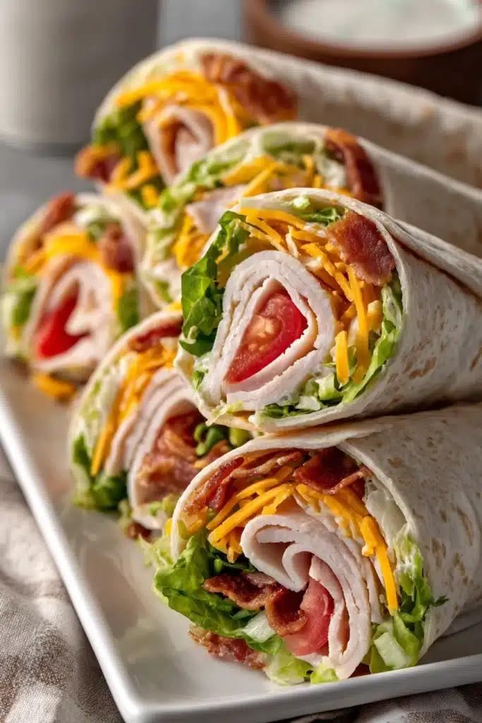 Close-up of turkey ranch club wraps cut diagonally and stacked on a white plate, showing layers of sliced turkey, crispy bacon, lettuce, tomatoes, cheddar cheese, and ranch dressing inside soft flour tortillas.