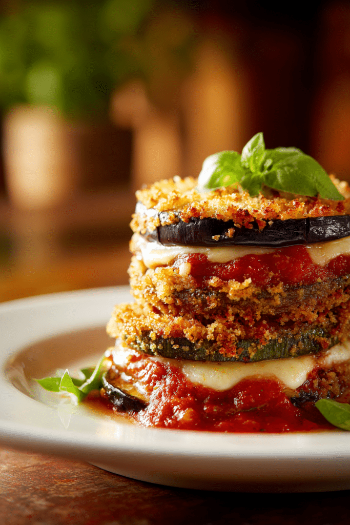 Close-up of rustic vegetarian eggplant parmesan with stacked breadcrumb-coated eggplant slices, melted mozzarella and parmesan cheese, vibrant tomato basil sauce, and fresh basil leaves on a white plate