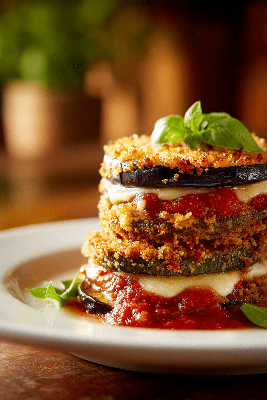 Close-up of rustic vegetarian eggplant parmesan with stacked breadcrumb-coated eggplant slices, melted mozzarella and parmesan cheese, vibrant tomato basil sauce, and fresh basil leaves on a white plate