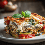Close-up of a rustic veggie lasagna slice on a white plate with visible layers of tender noodles, tomato basil sauce, ricotta and mozzarella cheeses, zucchini, spinach, mushrooms, and bell peppers, topped with fresh basil.
