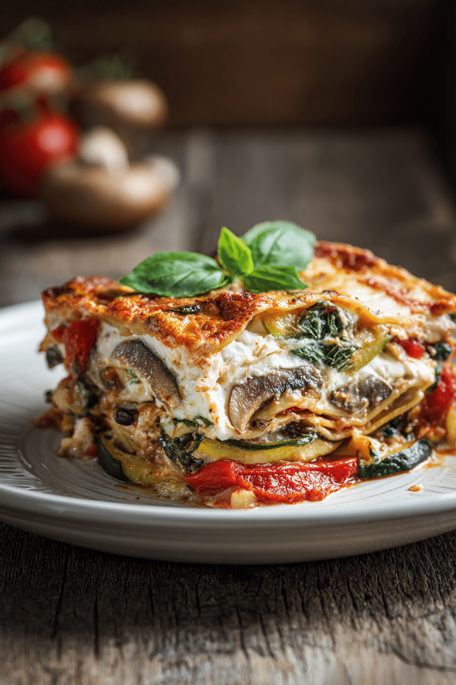 Close-up of a rustic veggie lasagna slice on a white plate with visible layers of tender noodles, tomato basil sauce, ricotta and mozzarella cheeses, zucchini, spinach, mushrooms, and bell peppers, topped with fresh basil.