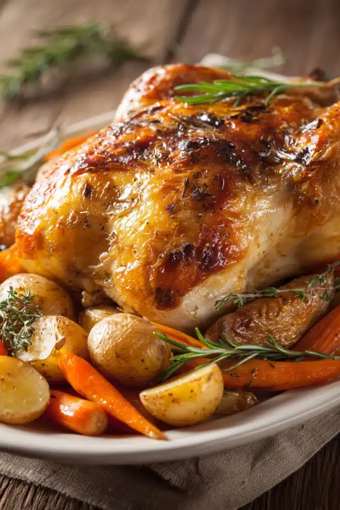 Whole roasted chicken with crispy golden skin on a white oval platter surrounded by roasted carrots and halved baby potatoes, garnished with fresh rosemary and thyme, photographed in warm natural light on a rustic wooden surface.