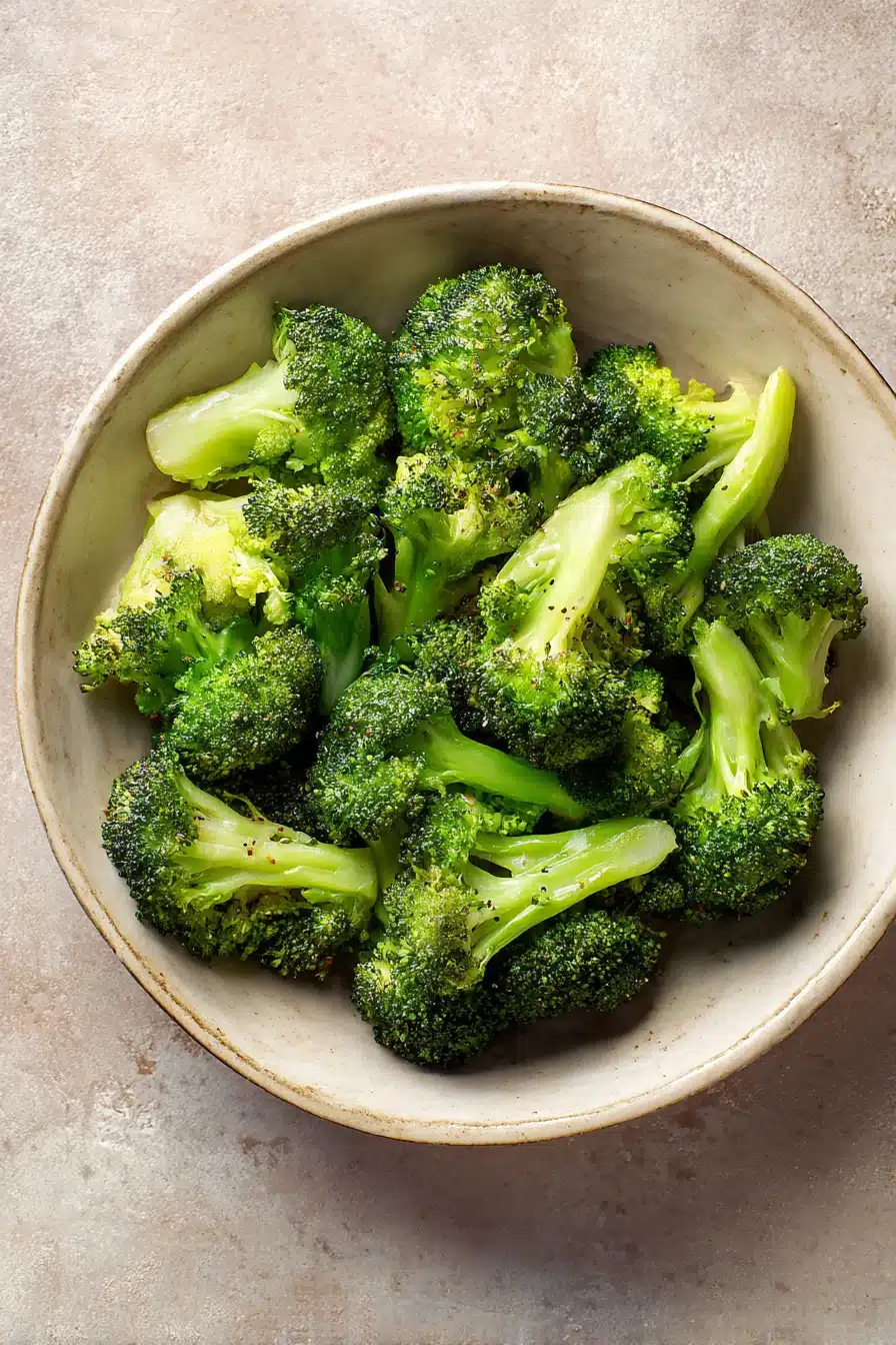 Close-up of air fryer broccoli florets with bright lighting and minimal background