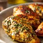 Close-up of air fryer chicken breast with Italian dressing, garnished with herbs.