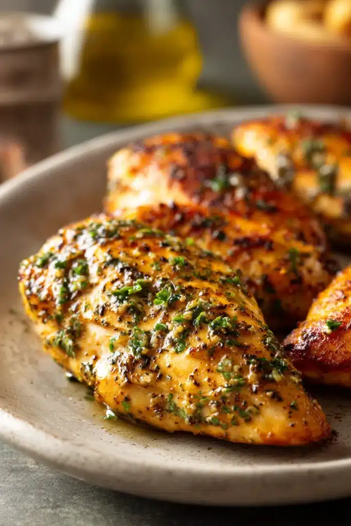 Close-up of air fryer chicken breast with Italian dressing, garnished with herbs.
