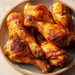 Close-up of crispy air fryer chicken drumsticks on a white plate with herbs