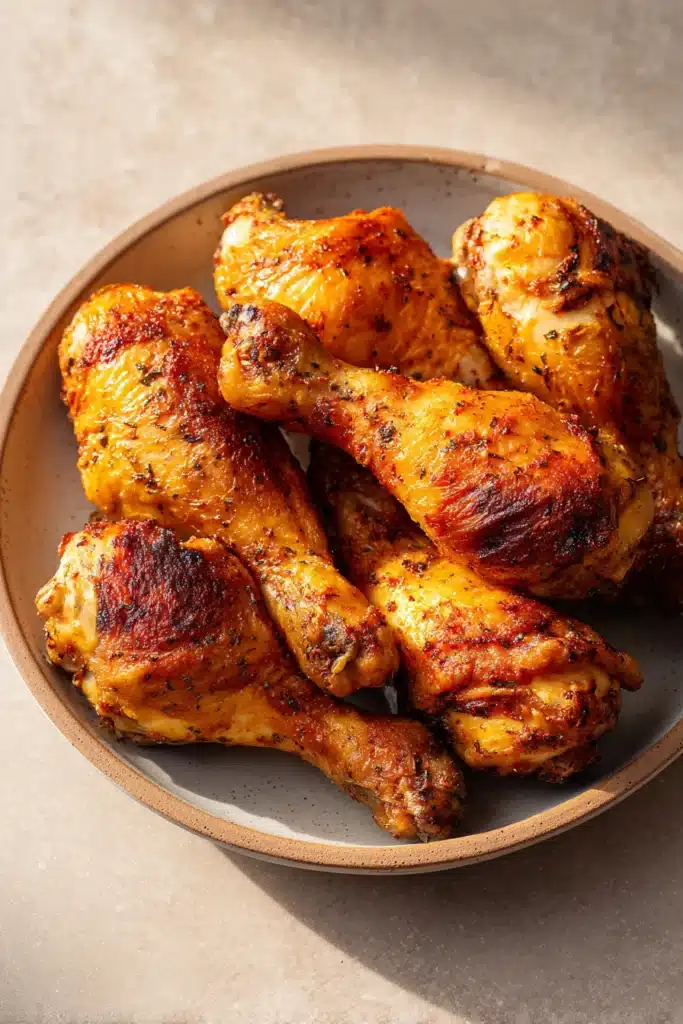 Close-up of crispy air fryer chicken drumsticks on a white plate with herbs