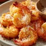 Close-up of air fryer coconut shrimp served on a clean white plate, garnished with herbs.