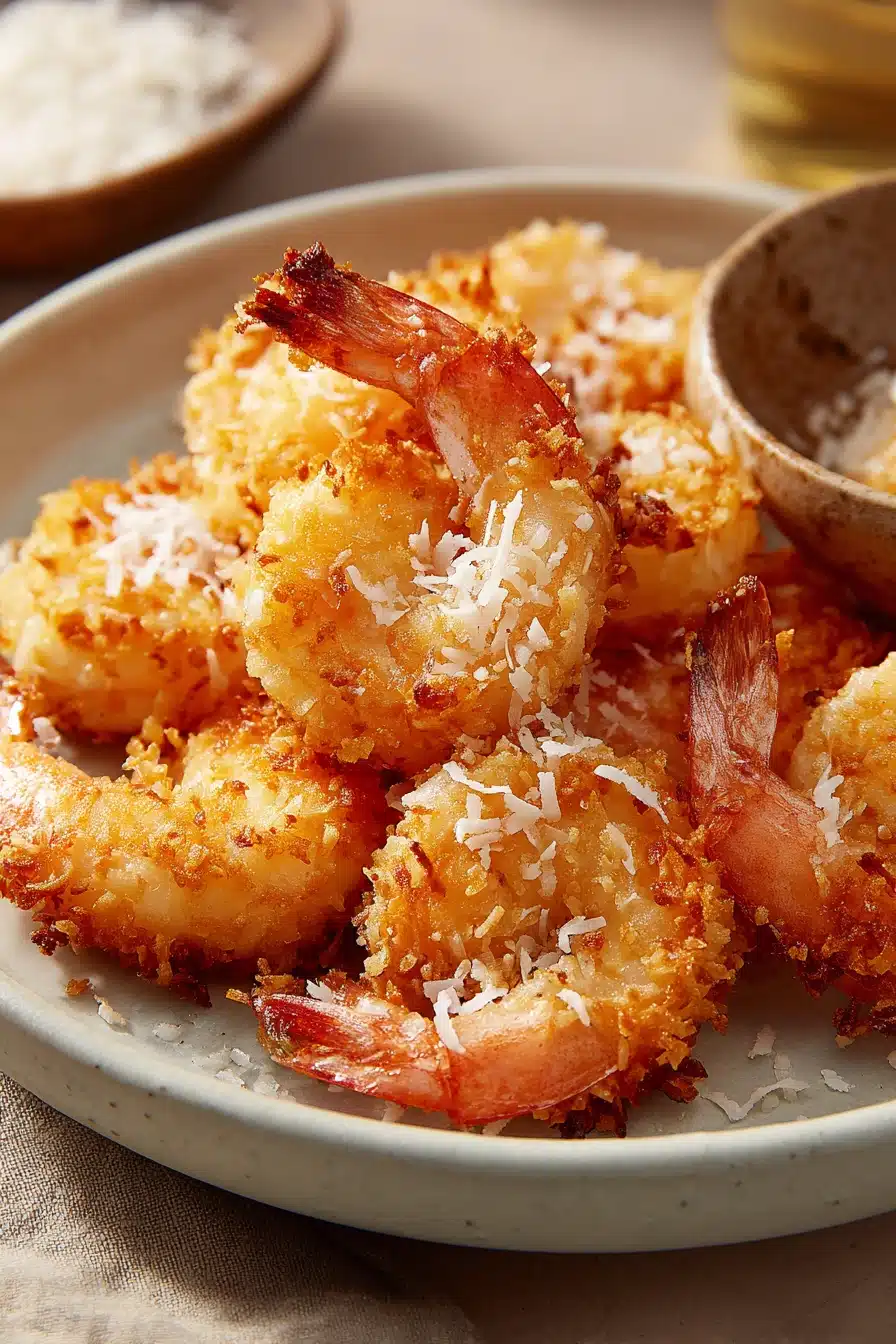Close-up of air fryer coconut shrimp served on a clean white plate, garnished with herbs.