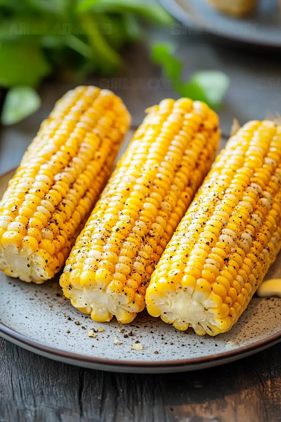 Close-up of air fryer corn on the cob with bright lighting and minimal background