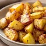 Golden crispy potatoes cooked in an air fryer with a clean background