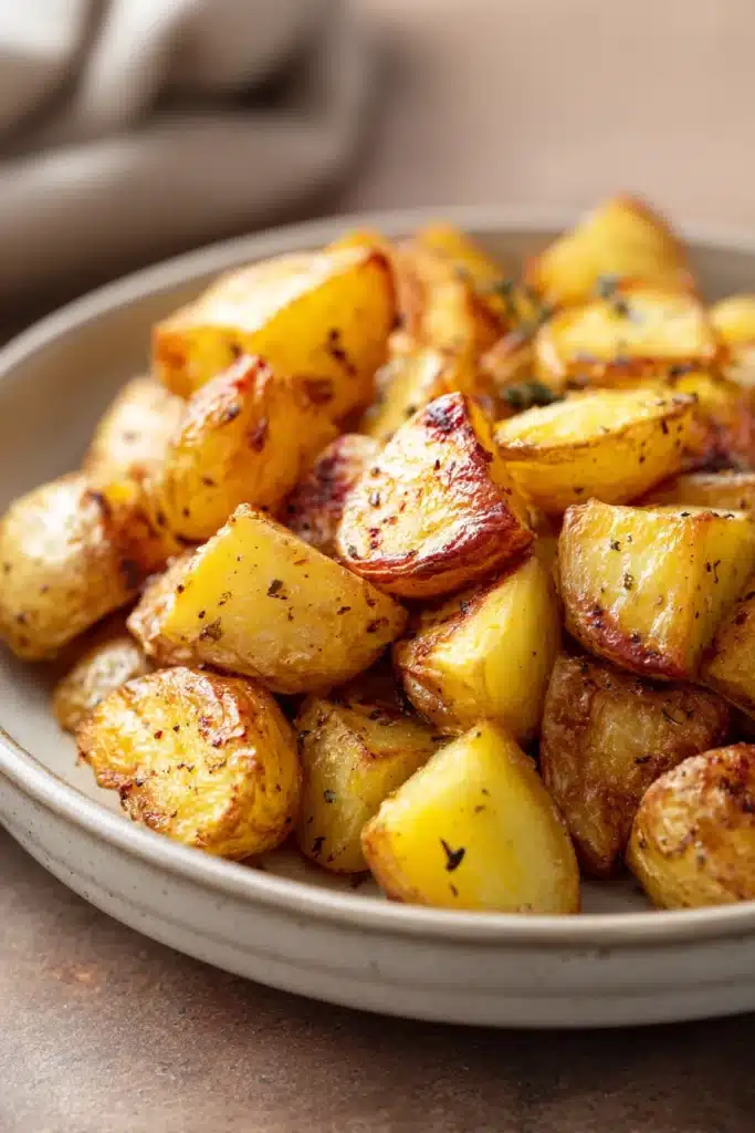 Golden crispy potatoes cooked in an air fryer with a clean background