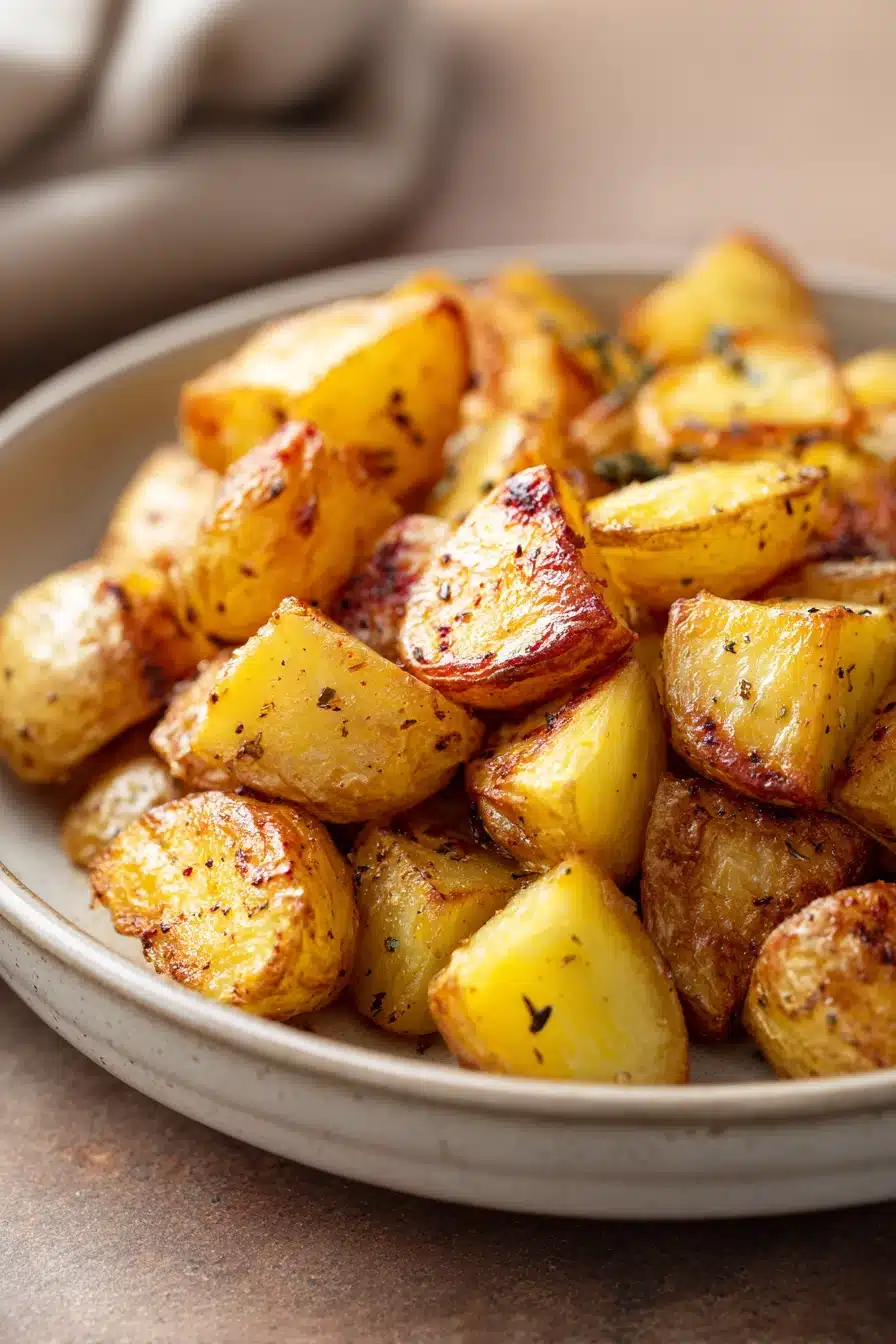 Golden crispy potatoes cooked in an air fryer with a clean background